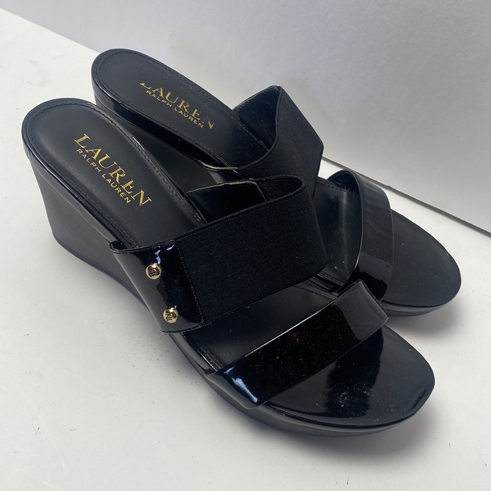 Ralph Lauren Shianna Womens Black Double Strap Platform Wedge Sandals Size 7B